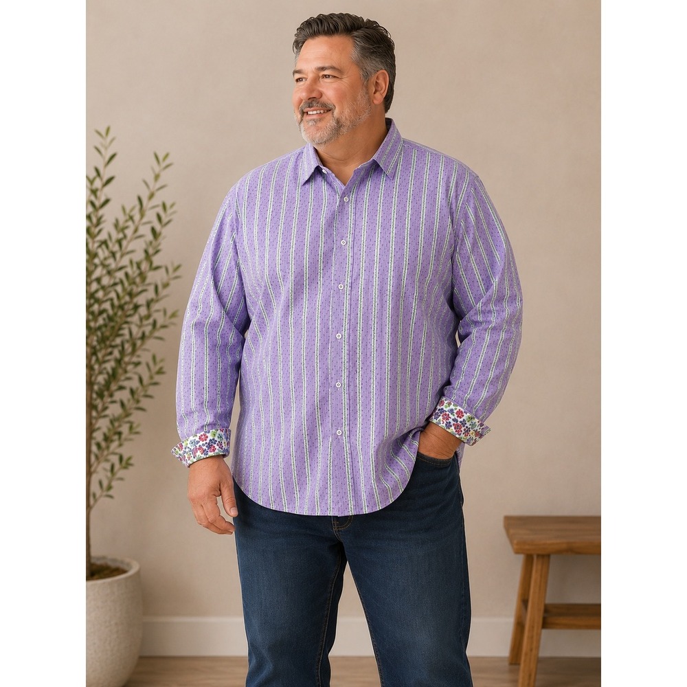 Mens XXL Robert Graham Purple Striped Dot Button Down Shirt Floral Dog Trim